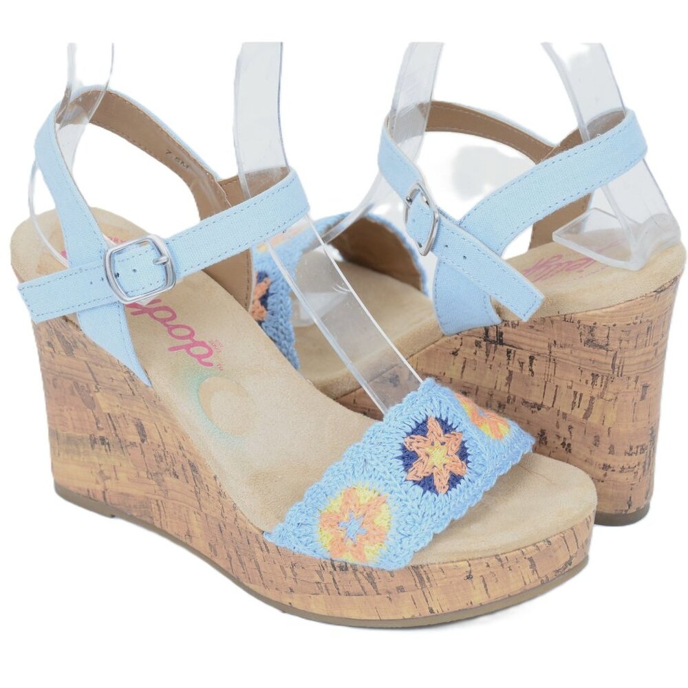 Jellypop Crochet Flowers Blue Platform‎ Wedge Sandals Women’s Sz 7.5 Hippie Boho